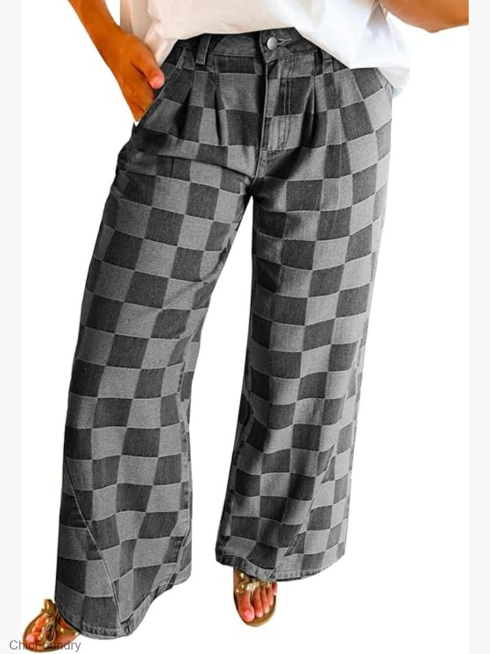 High Waisted Plaid Baggy Wide Leg Straight Leg Denim Pants